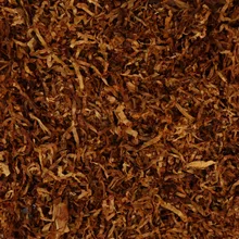 Close-up of Samuel Gawith Full Virginia Ready Rubbed loose pipe tobacco showing dark brown broken-flake pieces and strands of pressed Virginia leaf.
