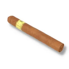 Trinidad Coloniales single handmade Cuban cigar photographed diagonally against a white background, showing its golden-brown wrapper, distinctive twisted pigtail cap, gold Trinidad band with geometric decoration and exposed tobacco foot.