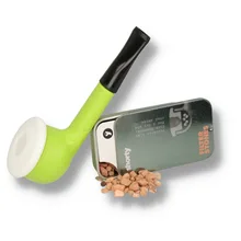 Erik Nørding Shorty Green pipe with white porcelain bowl beside tin of filter stones
