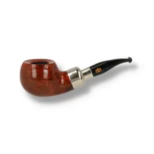 Design Berlin Captain DBP051 Half Bent 9mm briar pipe with rounded reddish-brown Apple bowl, polished metal mount and curved black acrylic stem.