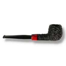 Opposite-side profile of the Peterson Halloween 2026 Rustic 87 Straight Apple briar pipe, displaying the rounded bowl's deep black carved rustication, irregular textured rim, straight shank, broad scarlet acrylic band with black swirling decoration and po