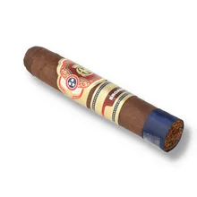 Crowned Heads Broadway Robusto Extra single loose cigar photographed diagonally against a white background, showing its medium-dark brown Connecticut Broadleaf wrapper, ornate red and gold Crowned Heads band, separate Broadway band and dark blue ribbon