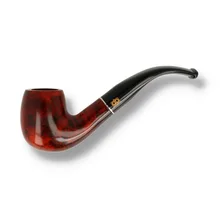 Design Berlin Rügen Orange 85040A 9mm Bent Billiard pipe showing its polished orange-red briar bowl, sweeping shank, narrow silver-coloured ring and curved black fishtail mouthpiece with gold DB emblem.