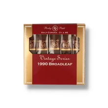 Rocky Patel Vintage Series 1990 Broadleaf Half Corona five-cigar presentation pack showing individually wrapped 3½ x 46 cigars through the front window.