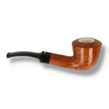 Reverse view of Dr Plumb curved calabash pipe showing forward-leaning bowl and curved stem