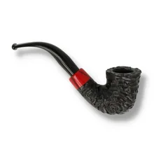 Opposite-side view of the Peterson Halloween 2026 Rustic 05 Bent Dublin pipe, displaying the textured black briar bowl with flared rim, curved rusticated shank, contrasting red band and sweeping black fishtail stem extending to the left.