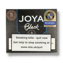 Joya Black Coronets cigar box in black and blue packaging with Nicaragua seal and Boveda humidity control marking.