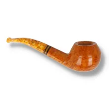 Right side of Savinelli Miele 673 KS Bent Rhodesian showing the smooth briar grain, rounded bowl profile and distinctive honey-coloured marbled acrylic mouthpiece.