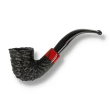 Peterson Halloween 2026 Rustic 05 Bent Dublin briar pipe photographed against a white background, showing its flared black rusticated bowl, deeply carved irregular texture, glossy red accent band with fine black lines and polished black curved stem featur