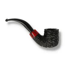 Peterson Halloween 2026 Rustic 01 Bent Pot pipe photographed from the opposite side, displaying the deeply textured black briar bowl, broad flat rim, contrasting red acrylic shank accent and polished black curved stem extending to the left.