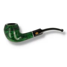 Design Berlin Rügen Green 85045B 9mm Bent Rhodesian pipe showing its polished emerald-green briar bowl, twin decorative grooves, sweeping shank, silver-coloured accent ring and curved black mouthpiece with gold DB emblem.