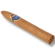 Felipe Gregorio Classic Belicoso single cigar photographed diagonally against a white background, showing its tapered pointed head, golden-brown natural tobacco wrapper, navy blue and gold band with red crown and blue heraldic crest.