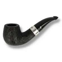 Peterson 160th Anniversary Sandblasted Bent Billiard 1387 briar pipe with textured black finish, silver band, and curved vulcanite stem shown from multiple angles.