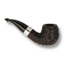Rusticated Peterson 2022 bent briar pipe with silver band and curved vulcanite stem
