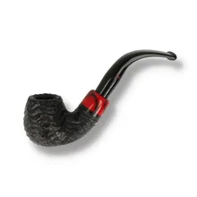 Peterson Halloween 2026 Rustic 230 Bent Billiard pipe photographed against a white background, showing its rounded black rusticated briar bowl, deeply carved texture, curved shank, glossy red acrylic accent with swirling black decoration and polished blac