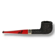 Reverse side of the Peterson Dracula Sandblast 608 briar pipe, displaying the textured black bowl, straight shank, silver-coloured Peterson band and glossy red stem with black decorative markings.