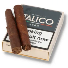 Two Ambasciator Italico Nero Italian half cheroot cigars displayed on top of a branded pack.