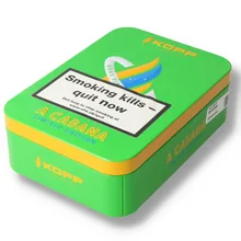 Kohlhase & Kopp A Cabana Limited Edition 100g pipe tobacco tin photographed at an angle, showing its bright green rectangular metal case, yellow edging, colourful Brazilian-themed artwork and gold Kopp branding.