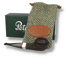 Image 1: Peterson Pipe of the Year 2026 Rusticated 493 Squat Bulldog with sterling silver mount, black P-Lip stem, green Donegal tweed pouch and presentation box.