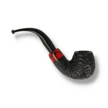 Opposite-side view of the Peterson Halloween 2026 Rustic 230 Bent Billiard briar pipe, displaying its rounded black rusticated bowl, irregular carved surface, red and black marbled accent band and deeply curved polished black fishtail stem extending to th
