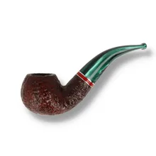 Savinelli St Nicholas 2026 shape 642 6mm Bent Apple pipe with dark brown rusticated briar bowl, curved pearlescent green stem and red and silver shank bands.