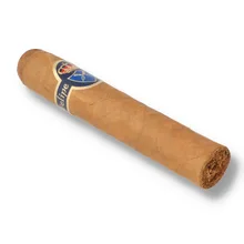 Felipe Gregorio Classic Robusto single cigar displayed diagonally against a white background, showing its golden-brown Habano wrapper, rounded cap, navy blue and gold heraldic cigar band with red crown, and exposed tobacco foot.