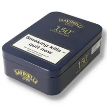 Savinelli 150th Anniversary Limited Edition 100g pipe tobacco tin photographed at an angle, showing its dark navy-blue rectangular metal case, gold Savinelli 1876 logo and commemorative 150th Anniversary lettering.