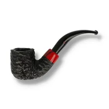 Peterson Halloween 2026 Rustic 01 Bent Pot briar pipe photographed from the left side against a white background, showing its broad black rusticated bowl, rugged carved texture, glossy red accent band with black detailing and upward-curving black stem wit
