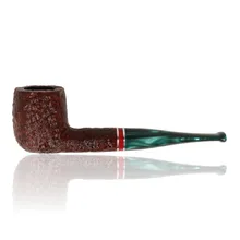 Savinelli St Nicholas 2026 shape 106 Straight Billiard pipe with reddish-brown rusticated briar, pearlescent green stem and red and silver accent bands.