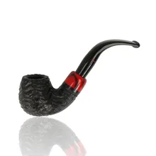 Peterson Halloween 2026 Rustic 230 Bent Billiard pipe photographed against a white background, showing its rounded black rusticated briar bowl, deeply carved texture, curved shank, glossy red acrylic accent with swirling black decoration