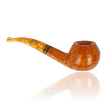 Right side of Savinelli Miele 673 KS Bent Rhodesian showing the smooth briar grain, rounded bowl profile and distinctive honey-coloured marbled acrylic mouthpiece.