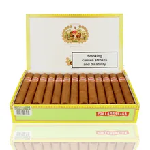Open wooden box of 25 Por Larrañaga Picadores No. 1 Cuban cigars showing the light brown wrappers, traditional red and gold cigar bands and distinctive yellow and green Por Larrañaga packaging.