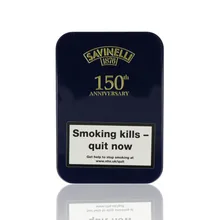 A dark blue square tin of Savinelli 150th Anniversary Pipe Tobacco