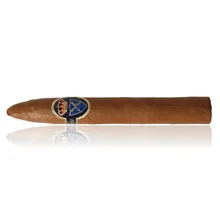 Felipe Gregorio Classic Belicoso single cigar photographed against a white background, showing its tapered pointed head, golden-brown natural tobacco wrapper, navy blue and gold band with red crown and blue heraldic crest