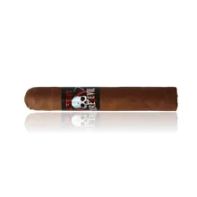 Gurkha Pure Evil Robusto single loose cigar photographed diagonally against a white background, showing its medium-brown Habano wrapper, rounded cap, exposed tobacco foot and black cigar band featuring a white skull, red accents and silver Pure Evil lette