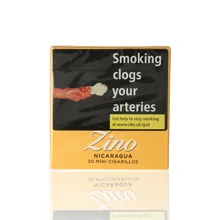 Front view of Zino Nicaragua Mini Cigarillos pack with gold branding and health warning.