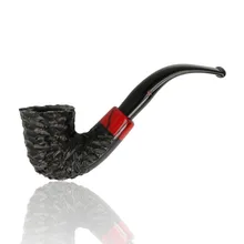 Peterson Halloween 2026 Rustic 05 Bent Dublin briar pipe photographed against a white background, showing its flared black rusticated bowl, deeply carved irregular texture, glossy red accent band with fine black lines and polished black curved stem featur