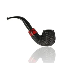 Opposite-side view of the Peterson Halloween 2026 Rustic 230 Bent Billiard briar pipe, displaying its rounded black rusticated bowl, irregular carved surface, red and black marbled accent band and deeply curved polished black fishtail stem