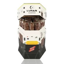 Fratello Lunar Cameroon Toro full box of 15 cigars displayed in an open spacecraft-inspired presentation case, showing individually cellophane-wrapped cigars, white Lunar Cameroon branding, yellow equipment detailing and black Fratello Cigars logo on the 