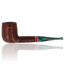 Savinelli St Nicholas 2026 111 KS 6mm Straight Billiard pipe with tall rusticated reddish-brown briar bowl, long shank, pearlescent green stem and red and silver bands.