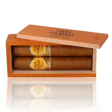Open Quai d'Orsay No. 50 wooden gift box containing two Cuban Petit Robusto cigars, with the branded sliding wooden lid resting above the box.