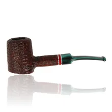Savinelli St Nicholas 2026 310 KS 6mm semi-bent Poker pipe with tall rusticated burgundy-brown briar bowl, pearlescent green fishtail stem and red and silver bands.