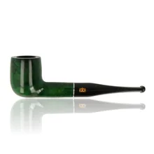 Design Berlin Rügen Green 85045C 9mm Straight Billiard pipe in left-side profile, showing its upright emerald-green briar bowl, straight shank, narrow silver-coloured ring and long black tapered mouthpiece with gold DB emblem.