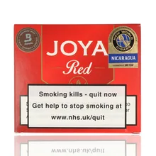 Red box of Joya Red Coronets by Joya de Nicaragua with New World Cigars Nicaragua seal and Boveda humidity control marking.