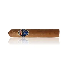 Felipe Gregorio Classic Robusto single cigar displayed diagonally against a white background, showing its golden-brown Habano wrapper, rounded cap, navy blue and gold heraldic cigar band with red crown, and exposed tobacco foot.