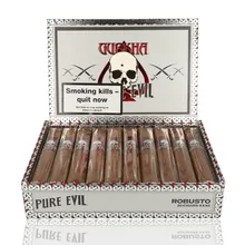 Open Gurkha Pure Evil Robusto presentation box containing 20 individually cellophane-wrapped cigars with black, red and silver skull bands, showing a large skull and crossed-cutlass design inside the lid, and decorative black and silver interlaced border.