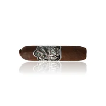 Gurkha Ghost Spook cigar lying at an angle on a white background, a short, thick figurado with a dark, mottled brown maduro wrapper, a rounded head, a black and silver holographic band showing an illustrated figure and Gurkha lettering,