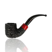 Peterson Halloween 2026 Rustic 01 Bent Pot briar pipe photographed from the left side against a white background, showing its broad black rusticated bowl, rugged carved texture, glossy red accent band with black detailing and upward-curving black stem wit