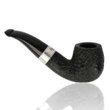Peterson 160th Anniversary Sandblasted Bent Billiard 1379 briar pipe with textured black finish, silver band, and curved vulcanite stem shown from multiple angles.