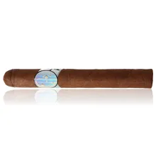 Fratello Lunar Cameroon cigar photographed against a white background, showing its medium-brown natural tobacco wrapper, fine leaf veins, rounded cap, open foot and iridescent silver cigar band decorated with a stylised cratered moon.